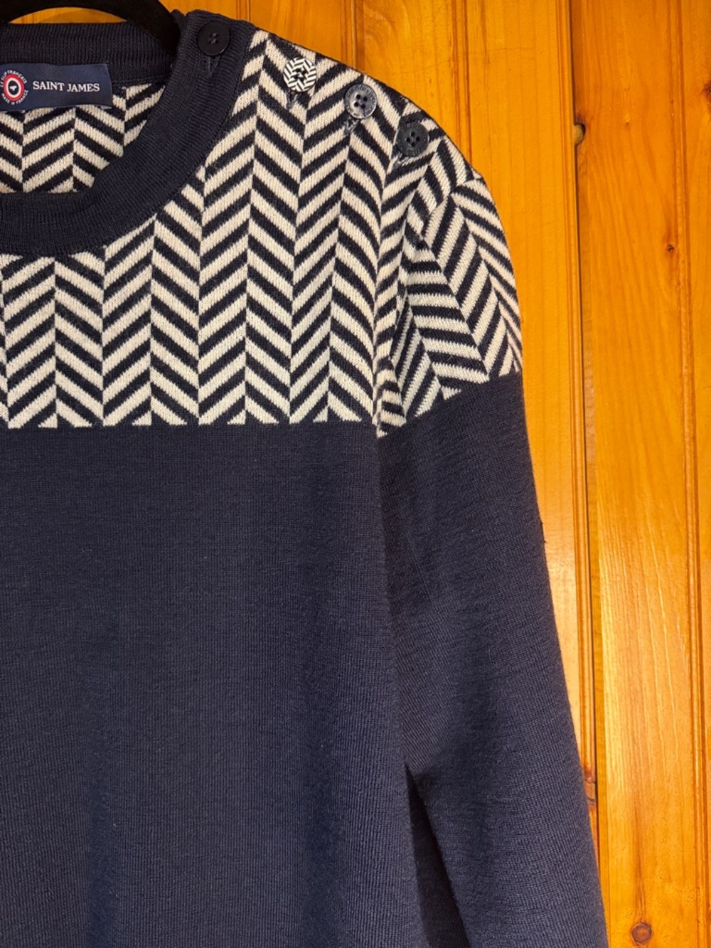 Saint James Navy Crewneck Sweater with White Chevron Yoke - Picture 11 of 12